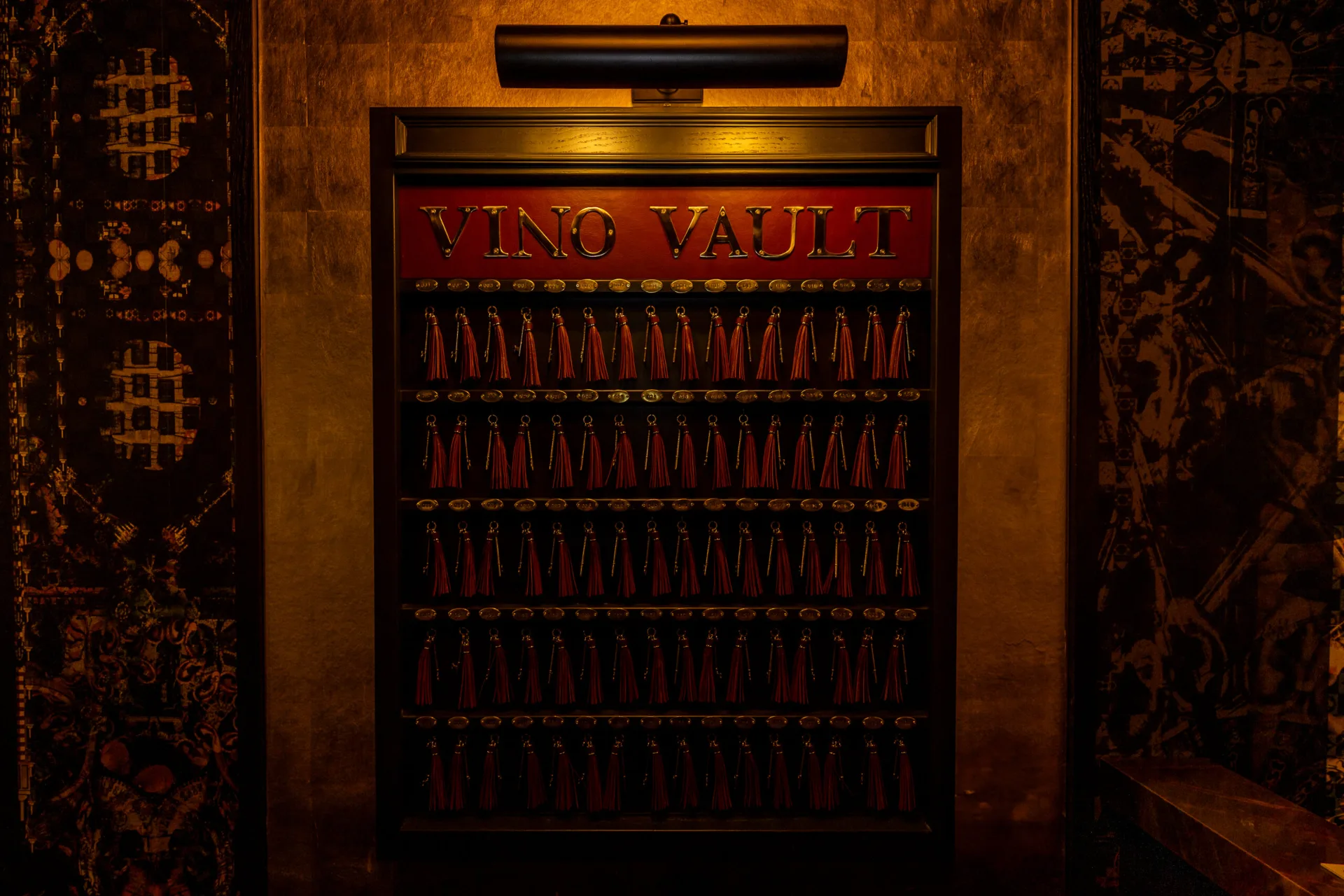 Private wine lockers in The Vault at WeVINO with engraved member nameplates