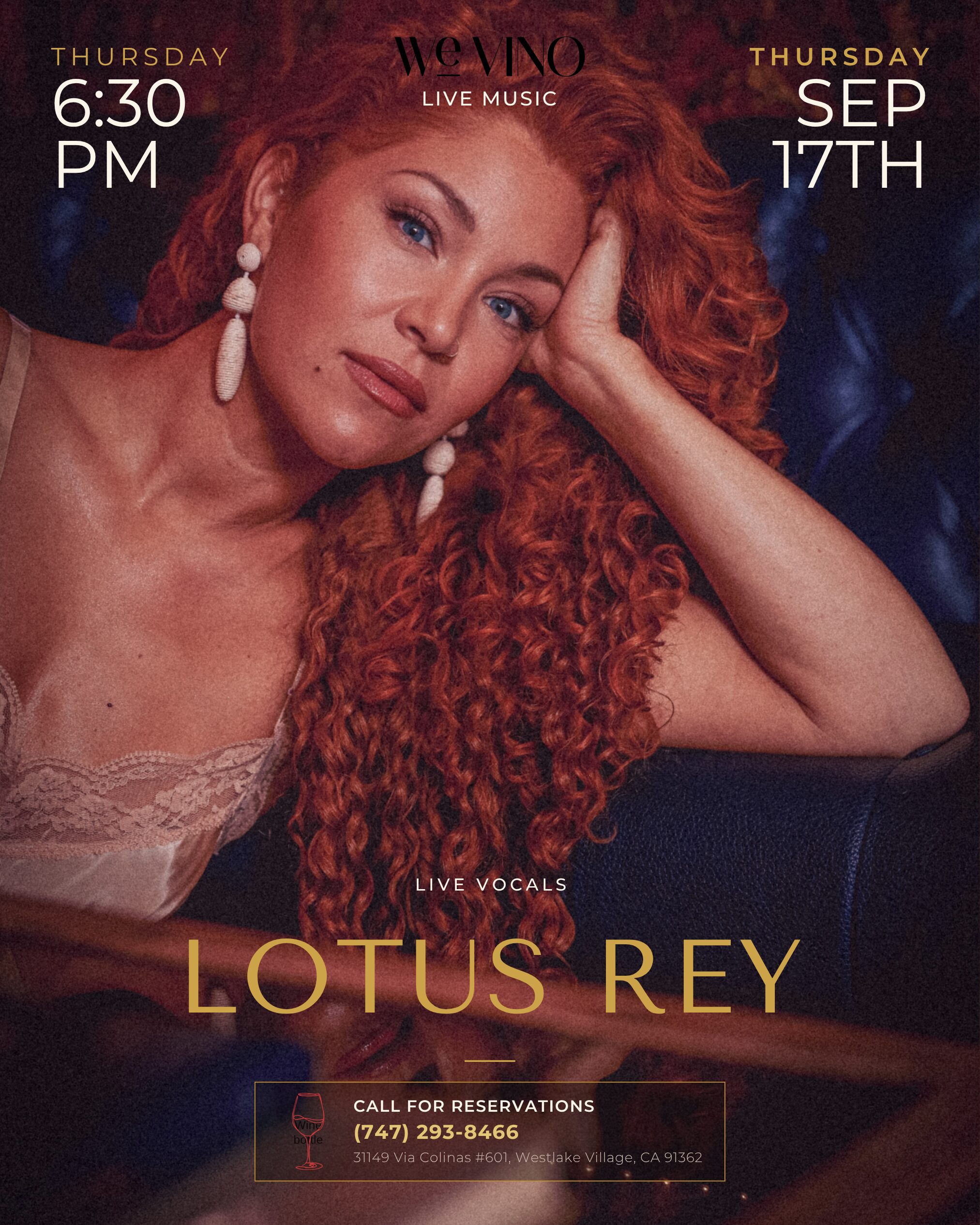Lotus Rey performing live vocals at WeVINO in Westlake Village on Thursday, September 17 at 6:30 PM.